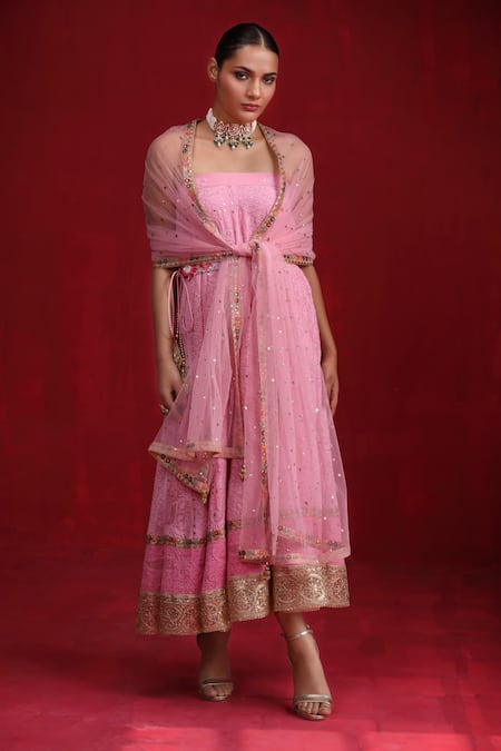 Shop_Ruh Clothing_Pink Georgette Pearls, Beads, Sequins, Chikankari Embroidered Anarkali Set _Online_at_Aza_Fashions