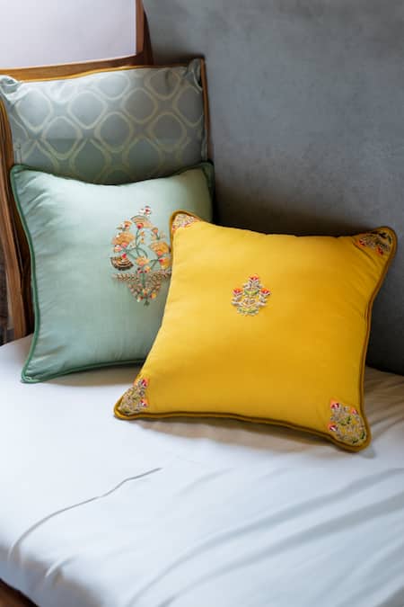 Buy_Aarti Sethia_Yellow Cotton Embroidered Dhani Cushion Cover Single Pc_Online_at_Aza_Fashions