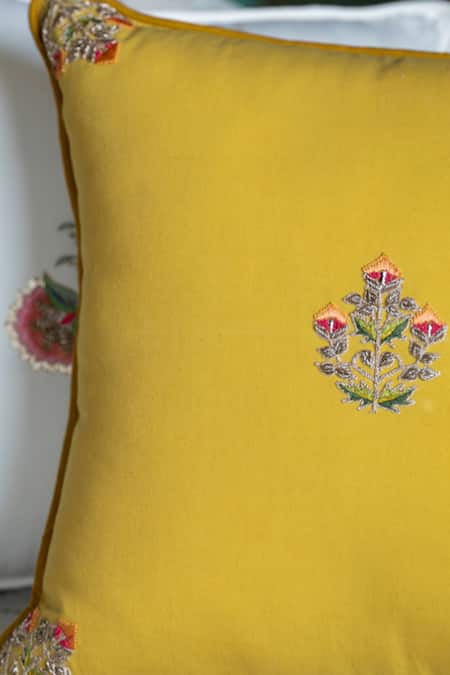 Shop_Aarti Sethia_Yellow Cotton Embroidered Dhani Cushion Cover Single Pc_Online_at_Aza_Fashions