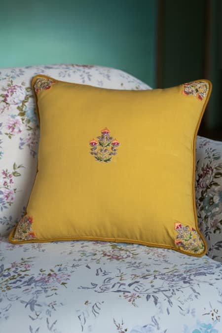 Aarti Sethia_Yellow Cotton Embroidered Dhani Cushion Cover Single Pc_at_Aza_Fashions