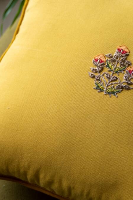 Buy_Aarti Sethia_Yellow Cotton Embroidered Dhani Cushion Cover Single Pc