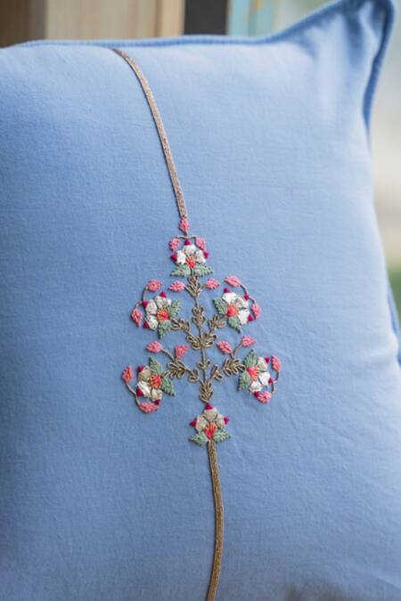 Aarti Sethia_Blue Cotton Embroidered Breezy Cushion Cover Single Pc_Online_at_Aza_Fashions