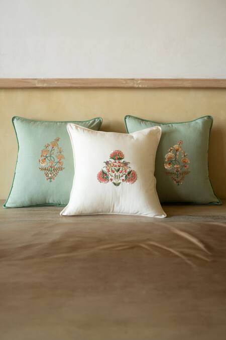 Aarti Sethia_White Cotton Embroidered Basant Cushion Cover Single Pc_at_Aza_Fashions