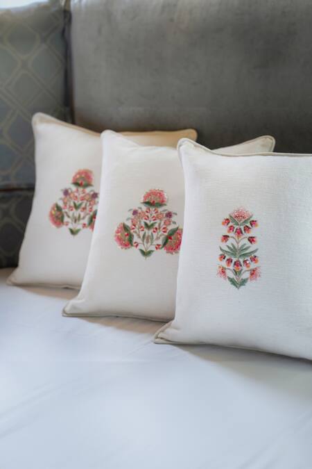 Buy_Aarti Sethia_White Cotton Embroidered Basant Cushion Cover Single Pc