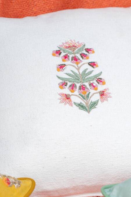 Buy_Aarti Sethia_White Cotton Embroidered Bahar Cushion Cover Single Pc_Online_at_Aza_Fashions