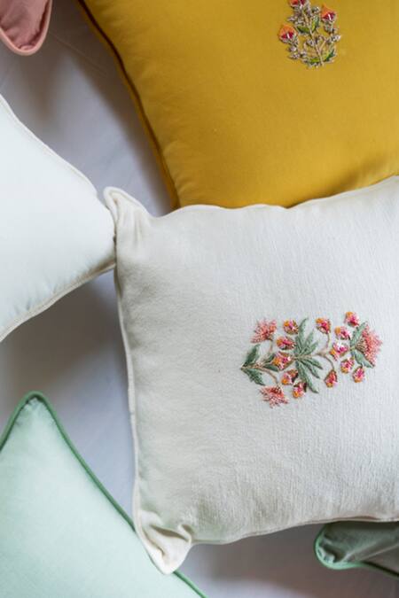 Shop_Aarti Sethia_White Cotton Embroidered Bahar Cushion Cover Single Pc_Online_at_Aza_Fashions
