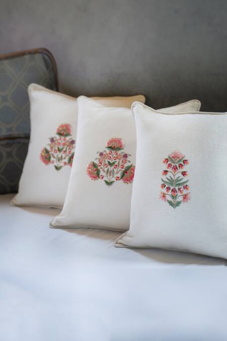 Aarti Sethia_White Cotton Embroidered Bahar Cushion Cover Single Pc_at_Aza_Fashions