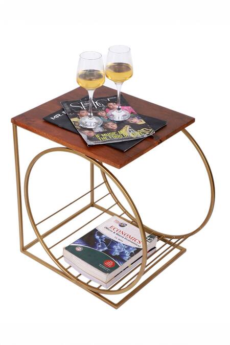 Shop Brick Brown Gold Wood, Metal Running Wheel Side Stool at Aza Fashions Shop_Brick Brown_Gold Wood, Metal Running Wheel Side Stool_at_Aza_Fashions