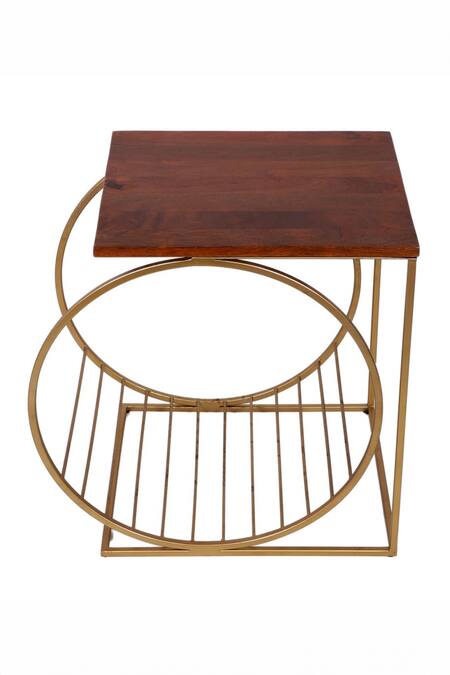 Shop Brick Brown Gold Wood, Metal Running Wheel Side Stool Online at Aza Fashions Shop_Brick Brown_Gold Wood, Metal Running Wheel Side Stool_Online_at_Aza_Fashions