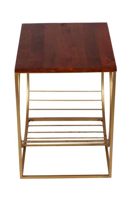 Brick Brown Gold Wood, Metal Running Wheel Side Stool at Aza Fashions Brick Brown_Gold Wood, Metal Running Wheel Side Stool_at_Aza_Fashions