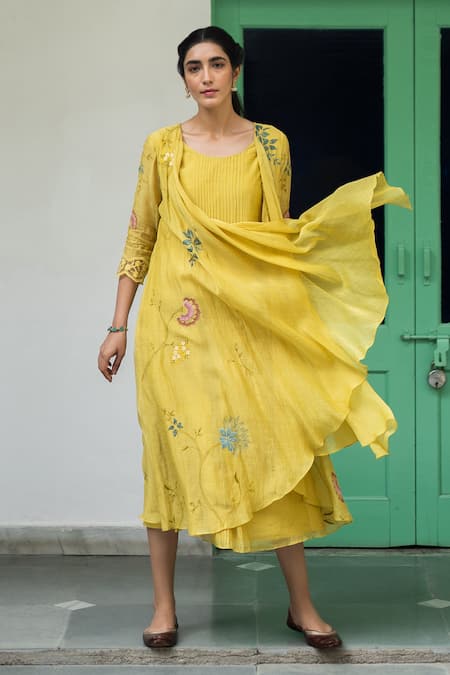 Vaayu Yellow Muslin, Cotton Embroidery Round Neck Floral Applique Jacket Dress Online at Aza Fashions Vaayu_Yellow Muslin, Cotton Embroidery Round Neck Floral Applique Jacket Dress _Online_at_Aza_Fashions