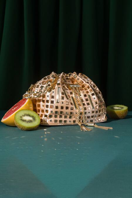 House Of Bio_Gold Embellished Amalfi Crystal Bucket Bag_Online_at_Aza_Fashions