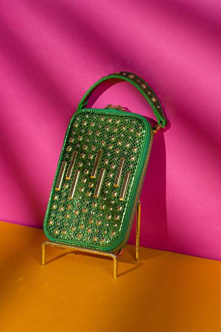 House Of Bio Green Embellished Amalfi Textured Studded Mobile Bag Online at Aza Fashions House Of Bio_Green Embellished Amalfi Textured Studded Mobile Bag _Online_at_Aza_Fashions