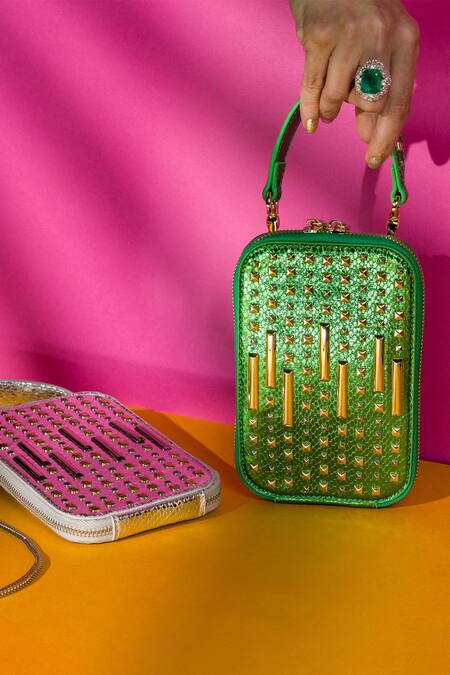 Buy House Of Bio Green Embellished Amalfi Textured Studded Mobile Bag Online at Aza Fashions Buy_House Of Bio_Green Embellished Amalfi Textured Studded Mobile Bag _Online_at_Aza_Fashions
