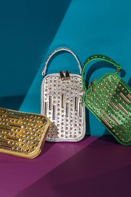 Shop House Of Bio Green Embellished Amalfi Textured Studded Mobile Bag Online at Aza Fashions Shop_House Of Bio_Green Embellished Amalfi Textured Studded Mobile Bag _Online_at_Aza_Fashions