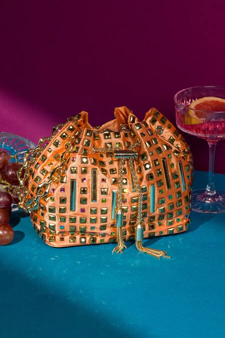 Buy_House Of Bio_Orange Embellished Crystal Studded Bucket Bag_Online_at_Aza_Fashions