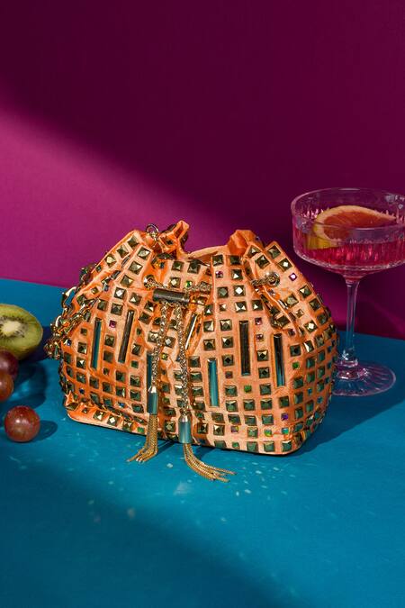Shop_House Of Bio_Orange Embellished Crystal Studded Bucket Bag_Online_at_Aza_Fashions