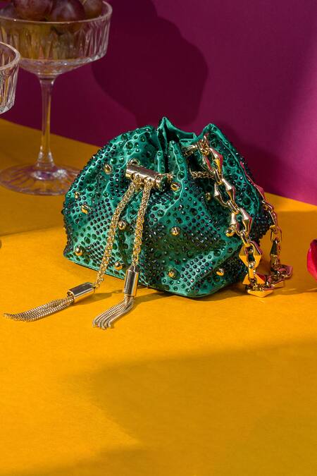 House Of Bio_Green Embellished Daisy Crystal Studded Mini Bucket Bag_Online_at_Aza_Fashions