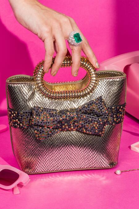 House Of Bio_Black Embellished Harpers Bow Textured Tote Bag _Online_at_Aza_Fashions