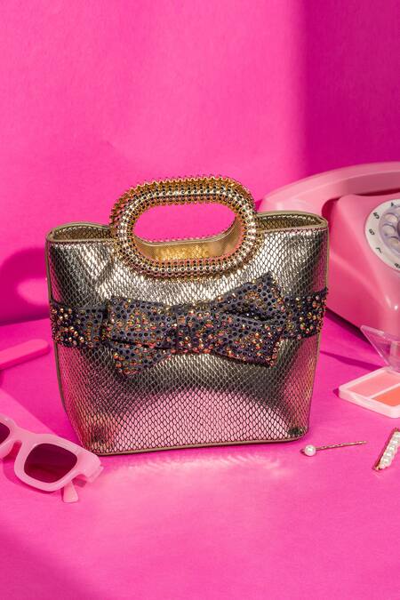 Buy_House Of Bio_Black Embellished Harpers Bow Textured Tote Bag _Online_at_Aza_Fashions