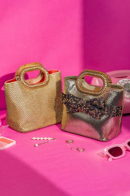 Shop_House Of Bio_Black Embellished Harpers Bow Textured Tote Bag _Online_at_Aza_Fashions