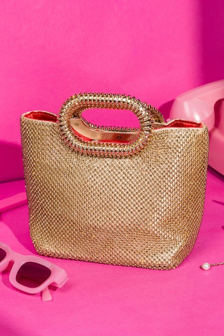 Buy_House Of Bio_Gold Embellished Harper Crystal Tote Bag _Online_at_Aza_Fashions