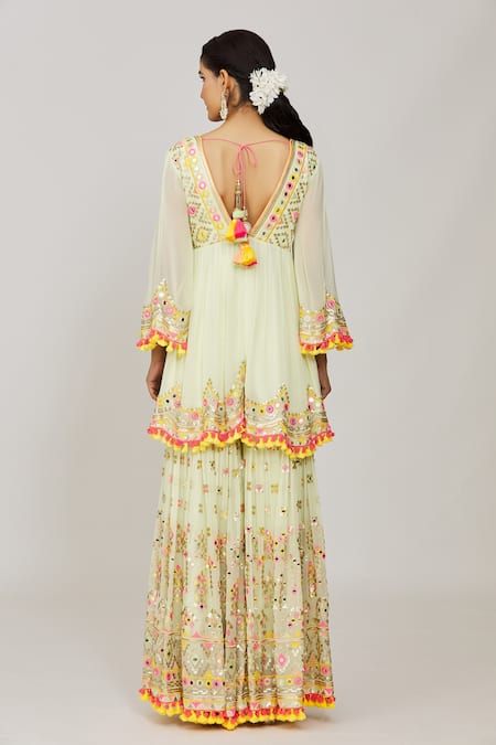 Gopi Vaid_Green Georgette, Organza Tassels, Sequins, Zohra Peplum Kurta Sharara Set _Online_at_Aza_Fashions