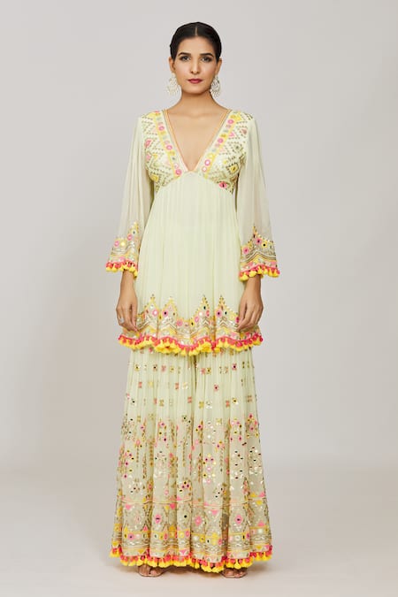 Buy_Gopi Vaid_Green Georgette, Organza Tassels, Sequins, Zohra Peplum Kurta Sharara Set _Online_at_Aza_Fashions
