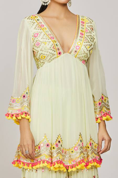 Shop_Gopi Vaid_Green Georgette, Organza Tassels, Sequins, Zohra Peplum Kurta Sharara Set _Online_at_Aza_Fashions