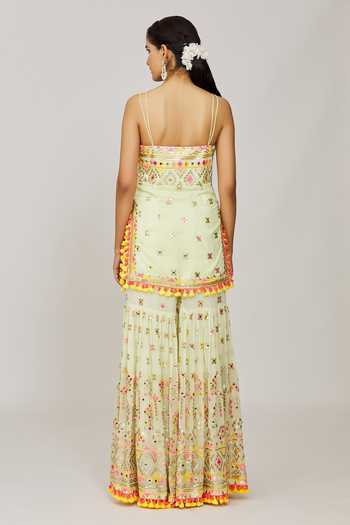 Gopi Vaid Green Viscose, Georgette, Net Pom-poms, Sonia Embroidered Kurta Sharara Set Online at Aza Fashions Gopi Vaid_Green Viscose, Georgette, Net Pom-poms, Sonia Embroidered Kurta Sharara Set _Online_at_Aza_Fashions