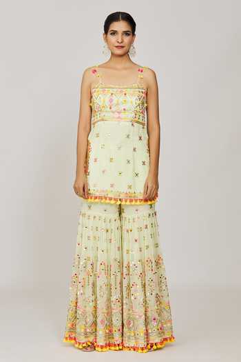 Shop Gopi Vaid Green Viscose, Georgette, Net Pom-poms, Sonia Embroidered Kurta Sharara Set Online at Aza Fashions Shop_Gopi Vaid_Green Viscose, Georgette, Net Pom-poms, Sonia Embroidered Kurta Sharara Set _Online_at_Aza_Fashions