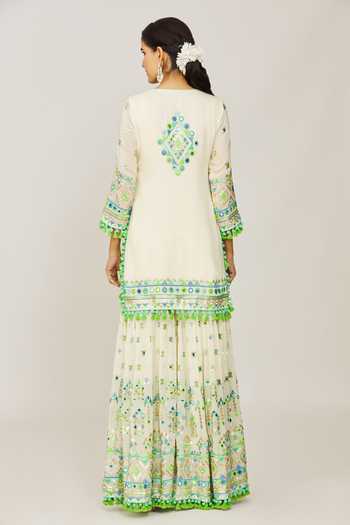 Gopi Vaid_Ivory Viscose, Georgette, Organza Friya Embroidered Short Kurta Sharara Set _Online_at_Aza_Fashions