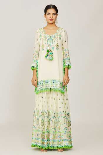 Buy_Gopi Vaid_Ivory Viscose, Georgette, Organza Friya Embroidered Short Kurta Sharara Set _Online_at_Aza_Fashions