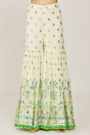 Gopi Vaid_Ivory Viscose, Georgette, Organza Friya Embroidered Short Kurta Sharara Set _at_Aza_Fashions