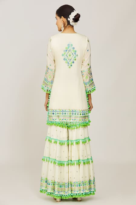 Gopi Vaid Ivory Viscose, Cotton Satin, Net Sequins, Maahika Kurta Layered Sharara Set Online at Aza Fashions Gopi Vaid_Ivory Viscose, Cotton Satin, Net Sequins, Maahika Kurta Layered Sharara Set _Online_at_Aza_Fashions