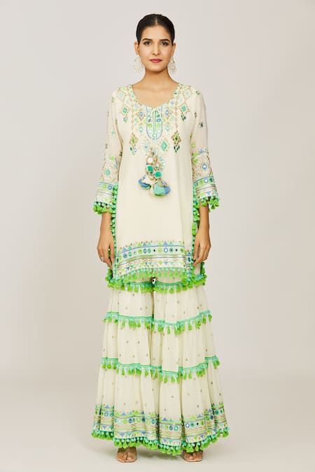 Buy Gopi Vaid Ivory Viscose, Cotton Satin, Net Sequins, Maahika Kurta Layered Sharara Set Online at Aza Fashions Buy_Gopi Vaid_Ivory Viscose, Cotton Satin, Net Sequins, Maahika Kurta Layered Sharara Set _Online_at_Aza_Fashions