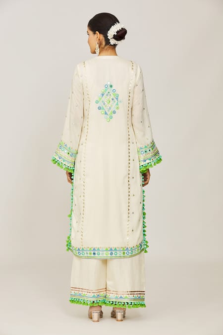 Gopi Vaid_Ivory Viscose, Linen, Chiffon, Satin Nishika Long Embroidered Kurta Palazzo Set _Online_at_Aza_Fashions