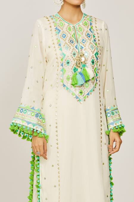Buy_Gopi Vaid_Ivory Viscose, Linen, Chiffon, Satin Nishika Long Embroidered Kurta Palazzo Set _Online_at_Aza_Fashions