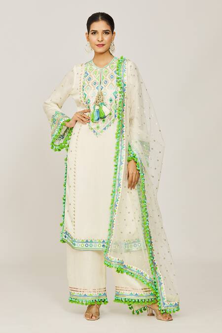 Shop_Gopi Vaid_Ivory Viscose, Linen, Chiffon, Satin Nishika Long Embroidered Kurta Palazzo Set _Online_at_Aza_Fashions