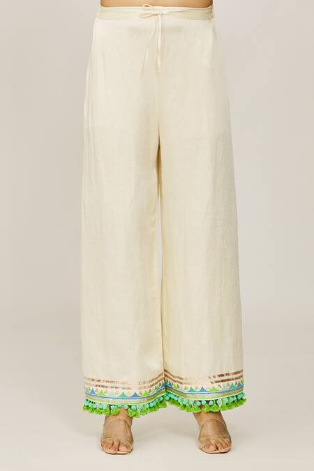 Gopi Vaid_Ivory Viscose, Linen, Chiffon, Satin Nishika Long Embroidered Kurta Palazzo Set _at_Aza_Fashions