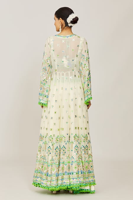Gopi Vaid_Ivory Georgette, Viscose Tassels, Sequins, Ridham Embroidered Jacket Skirt Set _Online_at_Aza_Fashions