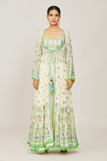 Shop_Gopi Vaid_Ivory Georgette, Viscose Tassels, Sequins, Ridham Embroidered Jacket Skirt Set _Online_at_Aza_Fashions