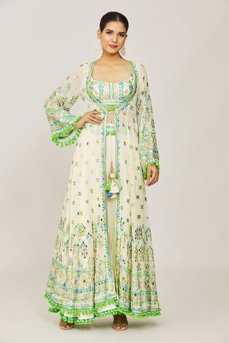 Gopi Vaid_Ivory Georgette, Viscose Tassels, Sequins, Ridham Embroidered Jacket Skirt Set _at_Aza_Fashions