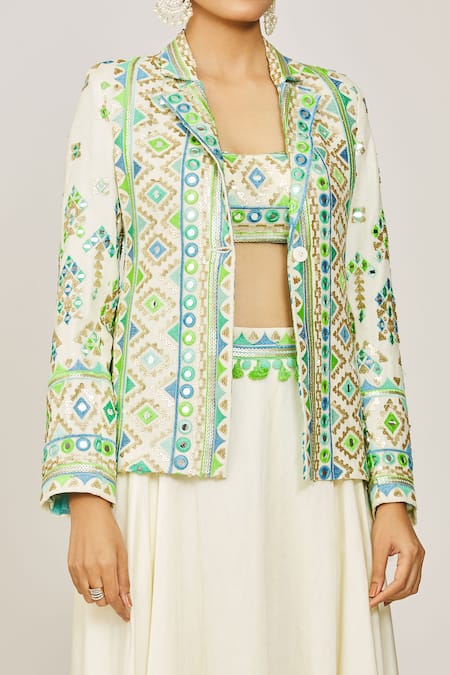 Shop Gopi Vaid Ivory Georgette, Viscose Mirrors, Laira Embridered Blazer Victorian Skirt Set Online at Aza Fashions Shop_Gopi Vaid_Ivory Georgette, Viscose Mirrors, Laira Embridered Blazer Victorian Skirt Set _Online_at_Aza_Fashions