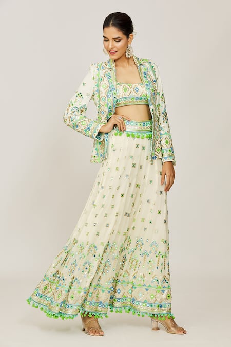 Gopi Vaid Ivory Bustier And Pant Viscose Embroidered Isha Jacket Flared Set  