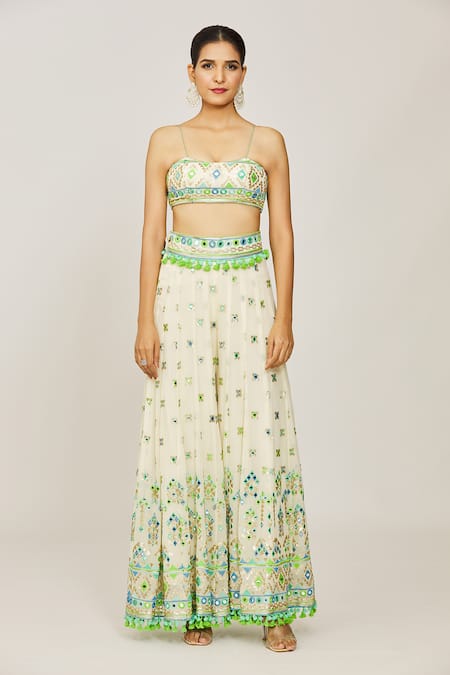 Buy Gopi Vaid Ivory Georgette, Viscose Tassels, Pom-poms Isha Embroidered Jacket Pant Set Online at Aza Fashions Buy_Gopi Vaid_Ivory Georgette, Viscose Tassels, Pom-poms Isha Embroidered Jacket Pant Set _Online_at_Aza_Fashions