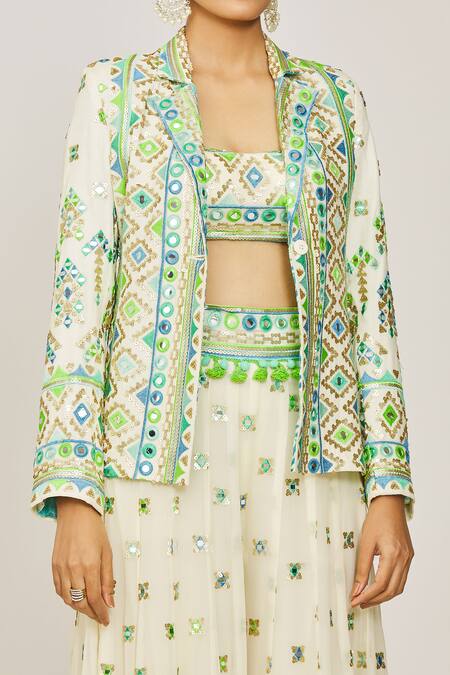 Gopi Vaid Ivory Georgette, Viscose Tassels, Pom-poms Isha Embroidered Jacket Pant Set at Aza Fashions Gopi Vaid_Ivory Georgette, Viscose Tassels, Pom-poms Isha Embroidered Jacket Pant Set _at_Aza_Fashions