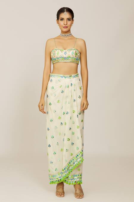 Buy Gopi Vaid Ivory Georgette, Crepe Embroidery, Tassels Round Harita Cape Draped Skirt Set Online at Aza Fashions Buy_Gopi Vaid_Ivory Georgette, Crepe Embroidery, Tassels Round Harita Cape Draped Skirt Set _Online_at_Aza_Fashions