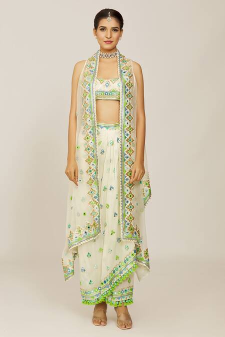 Shop Gopi Vaid Ivory Georgette, Crepe Embroidery, Tassels Round Harita Cape Draped Skirt Set Online at Aza Fashions Shop_Gopi Vaid_Ivory Georgette, Crepe Embroidery, Tassels Round Harita Cape Draped Skirt Set _Online_at_Aza_Fashions