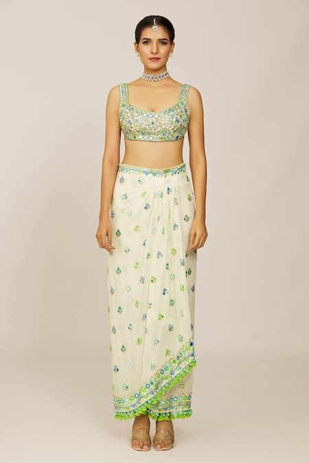 Gopi Vaid Mirror Embellished Blouse & Draped Skirt Set 